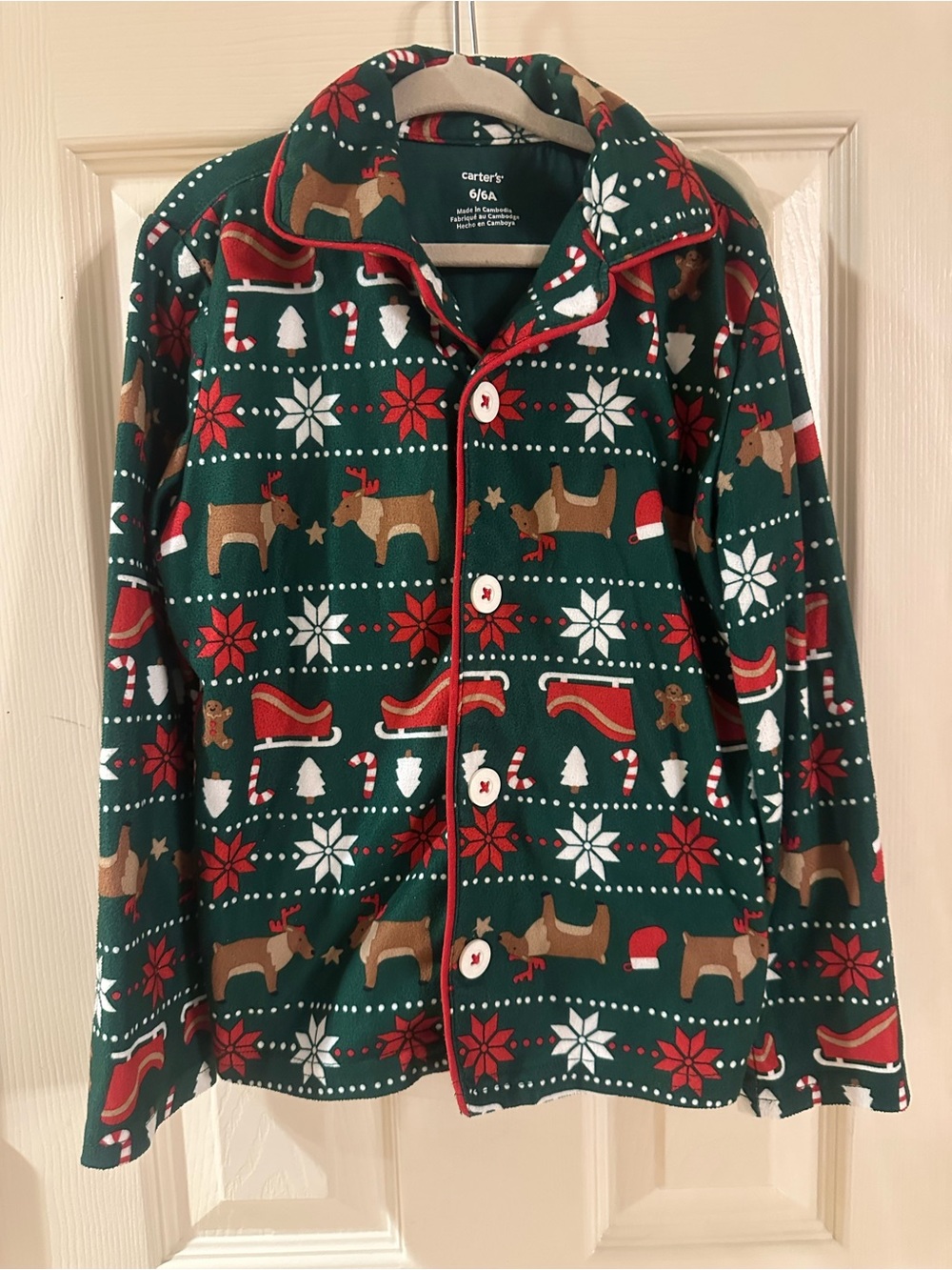 Carter's Green Holiday Reindeer Print Button-Up Pajama Set